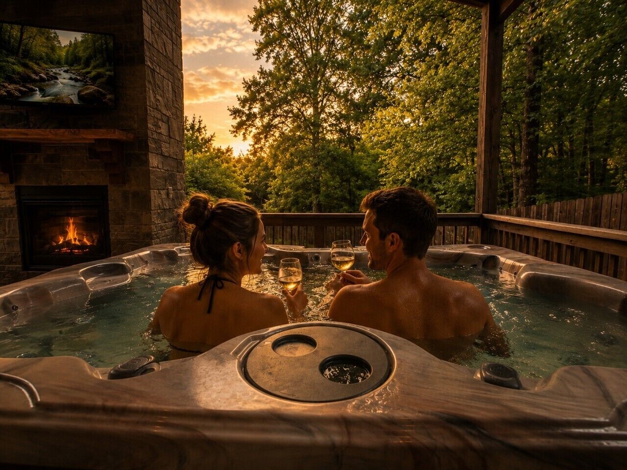 Private covered deck with hot tub surrounded by peaceful pine forest