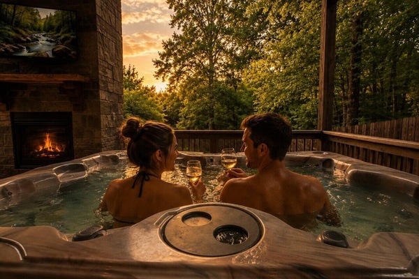 Private covered deck with hot tub surrounded by peaceful pine forest