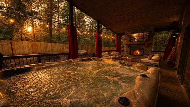 A hot tub with a stone fireplace, wooden deck, and red curtains. - Romantic Cabin with Hot Tub, Fire Pit, BBQ & Fenced Yard (Broken Bow)