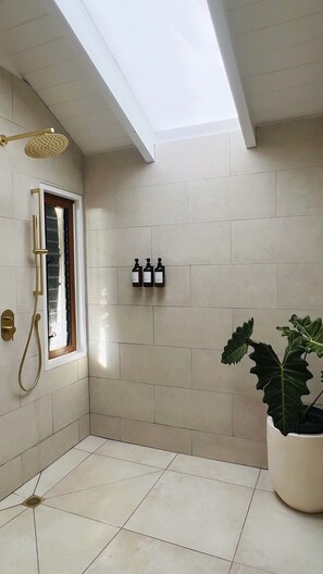 Ducha, secador de pelo, toallas, jabón
