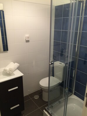 Hair dryer, towels, soap, toilet paper