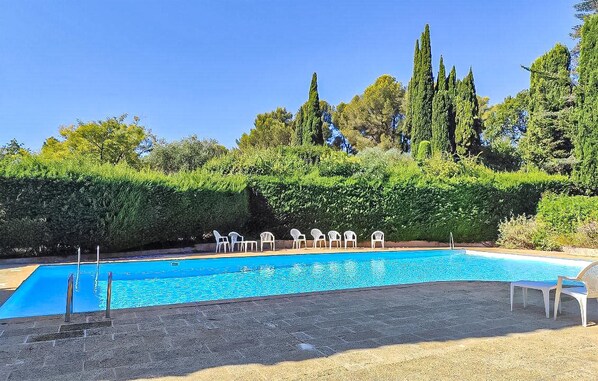 A swimming pool with white lounge chairs and a hedge in the background.