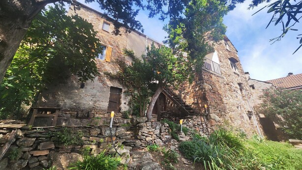 Un bâtiment en pierre avec un escalier menant à une porte en bois, le tout entouré de verdure.