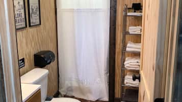 Shower, towels, soap, toilet paper