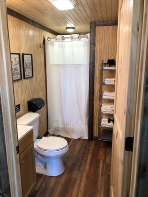 Shower, towels, soap, toilet paper