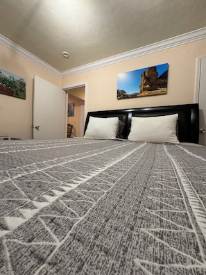 A bedroom with a bed, a door, a painting, and a view of a rocky landscape.