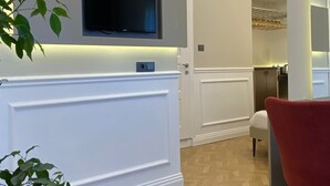 A modern reception area with a flat-screen TV mounted on a white wall, a potted plant, and a red chair. - Emily Taksim Hotel (İstanbul)