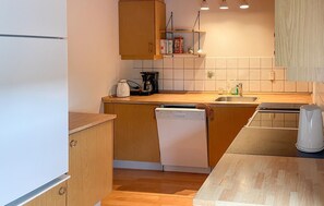 Fridge, stovetop, dishwasher, coffee/tea maker