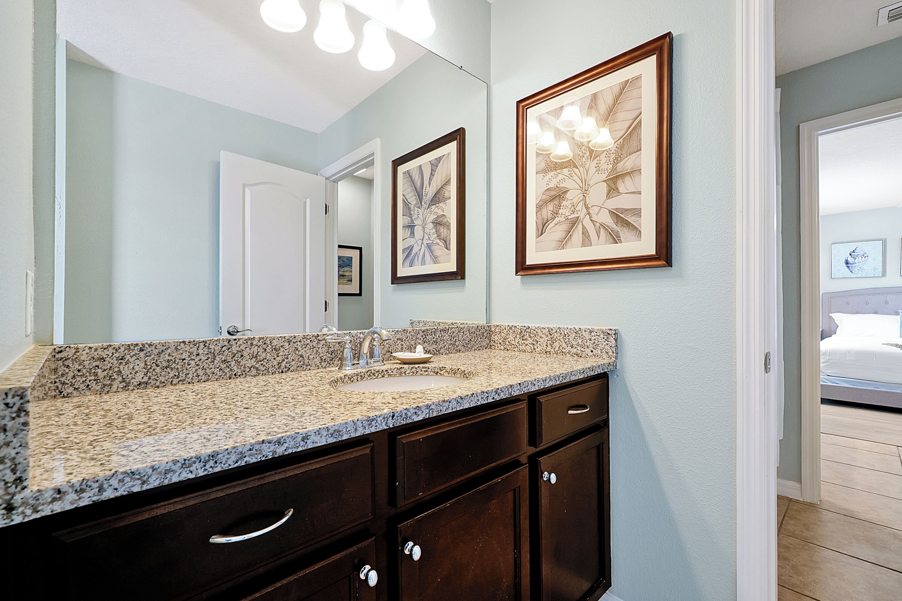 A bathroom with a granite countertop, dark wooden cabinets, a white door, and framed botanical artwork on the wall.