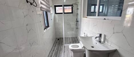 Un baño con inodoro, lavabo y ducha.