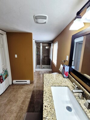 Hair dryer, towels, soap, shampoo