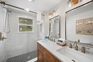 Shower, towels, soap, shampoo