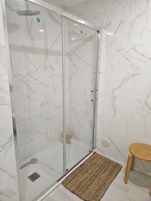 Shower, hair dryer, bidet, towels