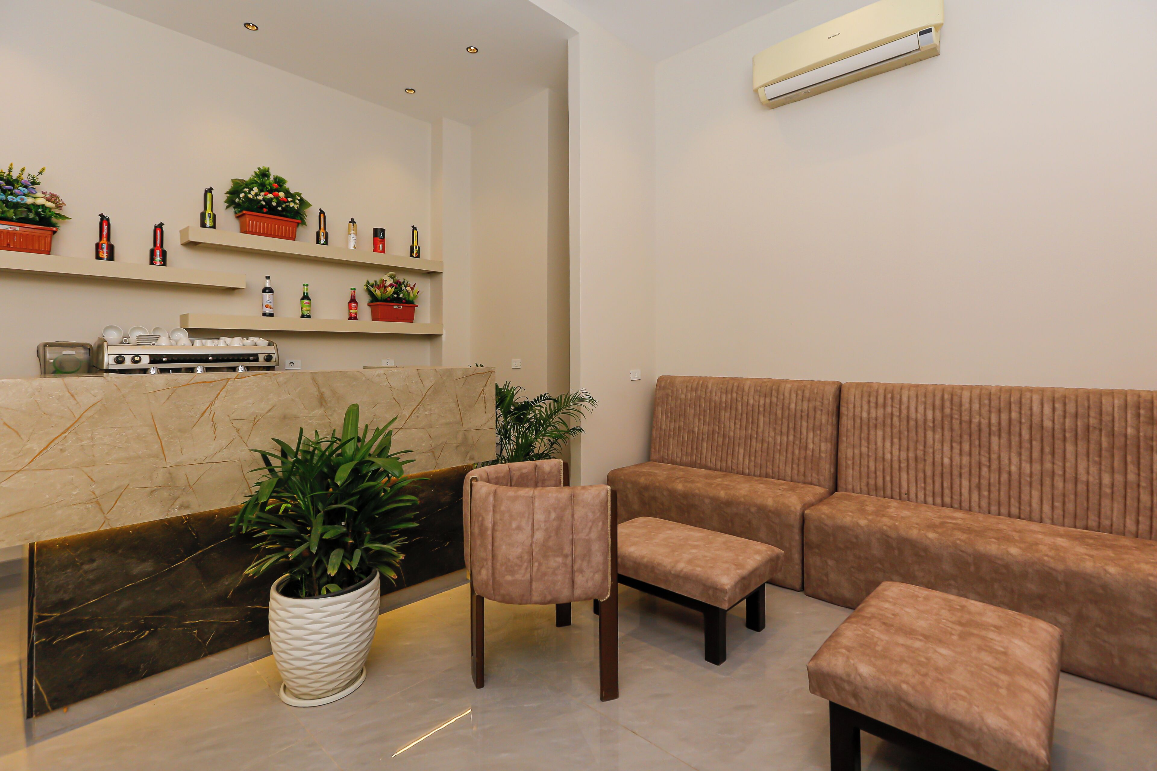 A modern living area with a sofa, a chair, a small table, and a reception desk with potted plants.