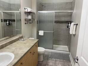 Regadera, secadora de cabello, toallas, jabón 