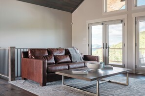 TV connectée, cheminée, livres, chaîne hi-fi