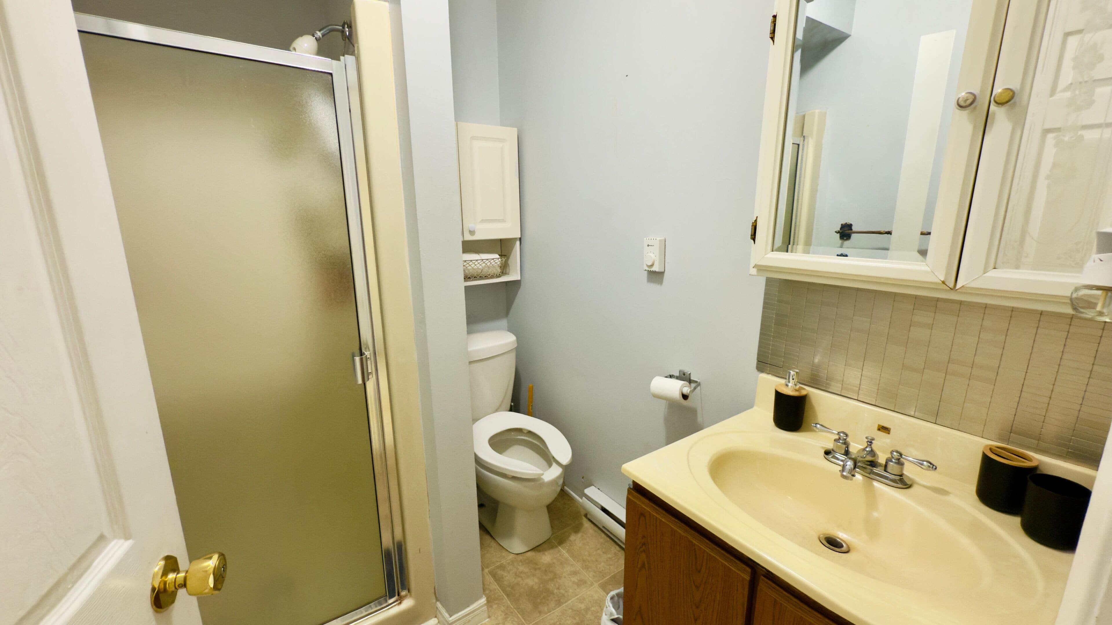 Hair dryer, towels, soap, toilet paper