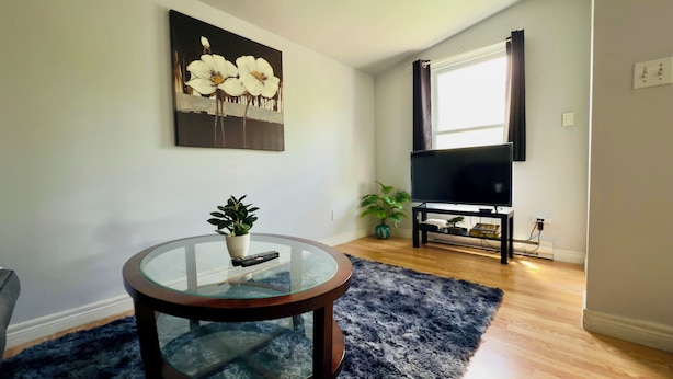 A living room with a glass table, a potted plant, a painting, a TV, and a window with curtains.