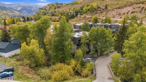 A residential area with modern buildings, a winding road, and surrounding trees.