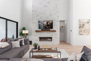 Smart TV, fireplace, books
