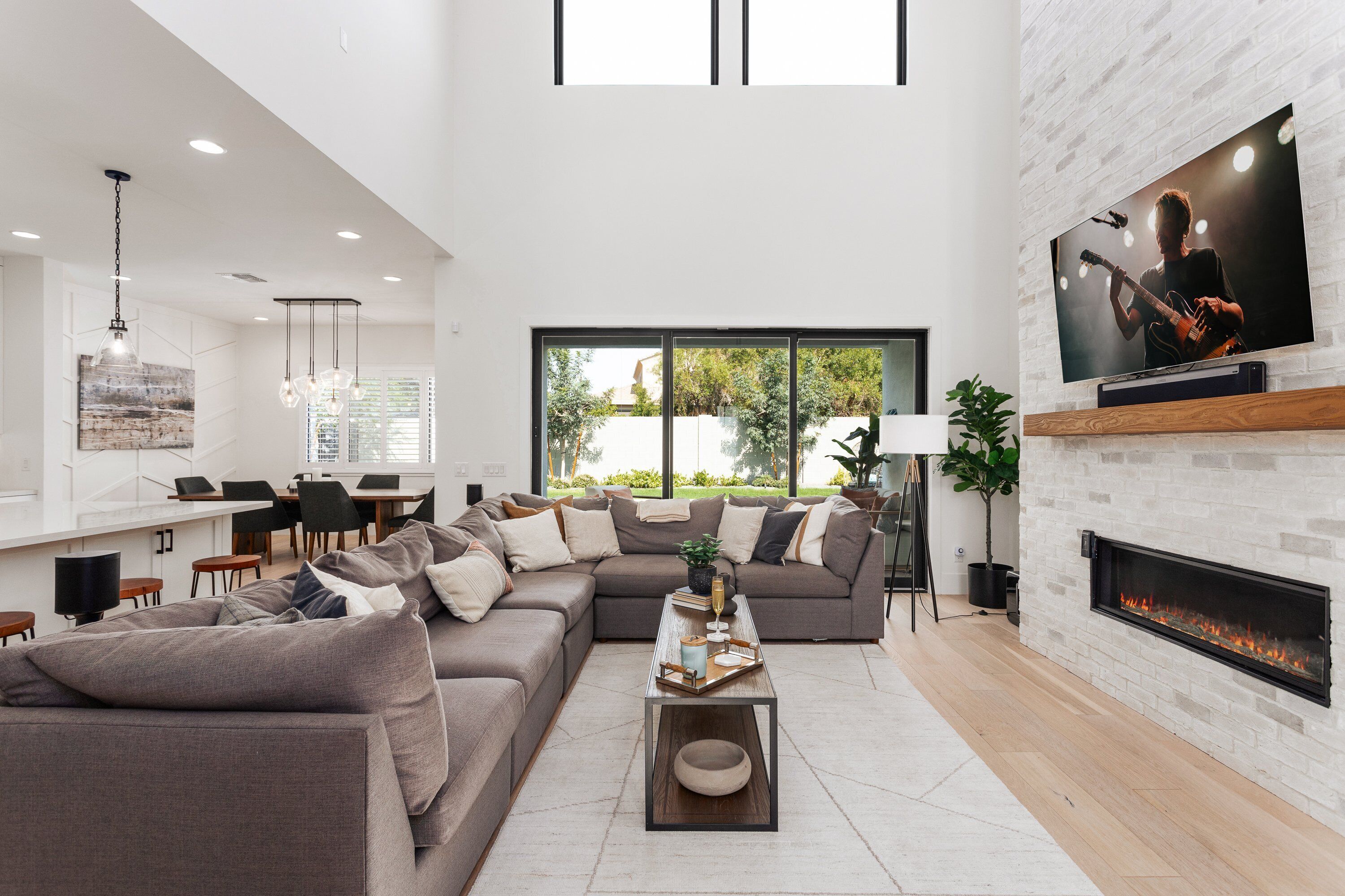 Smart TV, fireplace, books