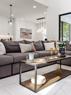 Smart TV, fireplace, books