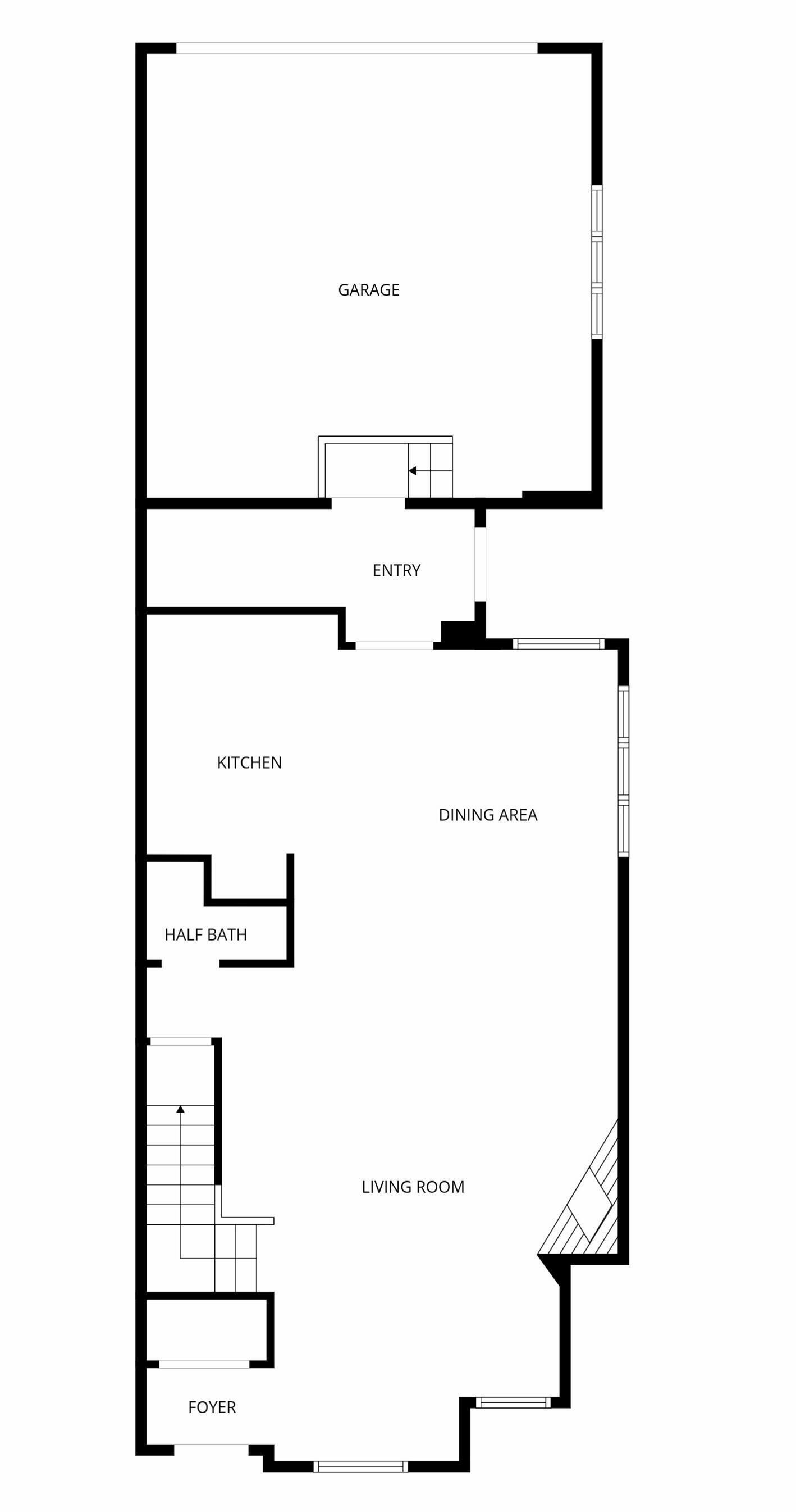 A floor plan with a garage, entry, kitchen, dining area, half bath, living room, and foyer.