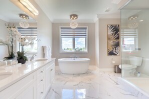 Hair dryer, bidet, towels, soap