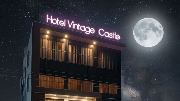 Un hotel llamado "Hotel Vintage Castle" con un diseño moderno, ventanas amplias y vista a la luna.