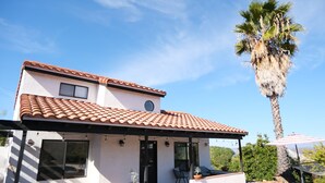A two-story house with a tiled roof, a patio with outdoor furniture, and a tall palm tree.