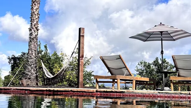 A pool with lounge chairs and an umbrella, surrounded by palm trees and a clear sky.