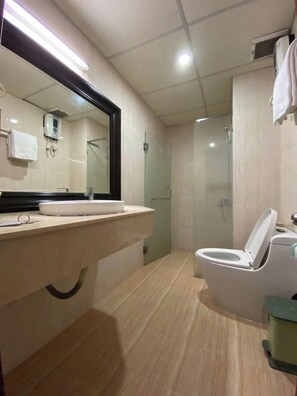 Shower, hydromassage showerhead, designer toiletries, hair dryer