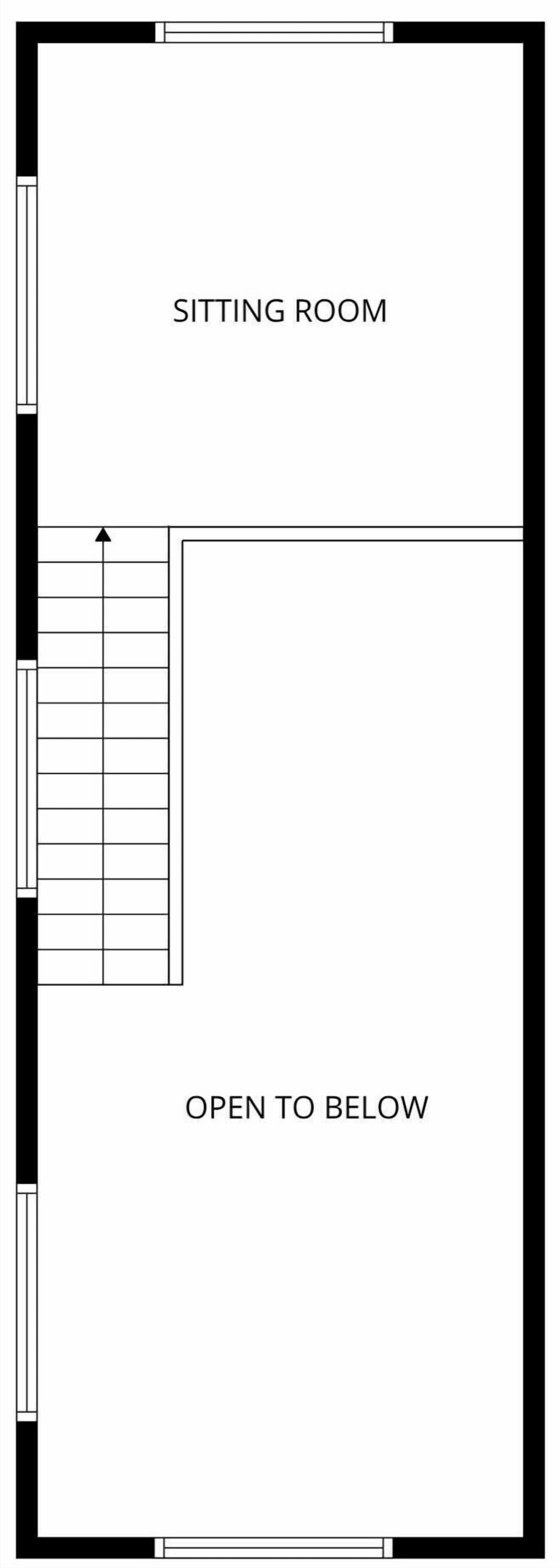 Een plattegrond met een zithoek en een open ruimte eronder.