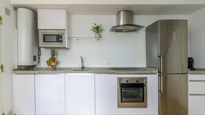 Une cuisine moderne avec des armoires blanches, un réfrigérateur en acier inoxydable, un four à micro-ondes, un four traditionnel et une petite plante en pot posée sur le plan de travail.