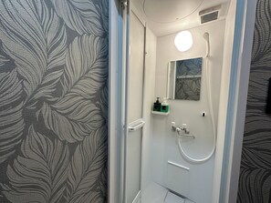 Shower, hair dryer, bidet, towels