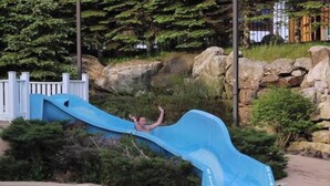 Une piscine avec un toboggan bleu, entourée de rochers et d’arbres.