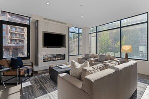 TV, fireplace, video games, foosball