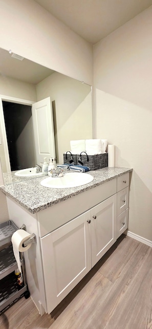 Hair dryer, bidet, towels, soap