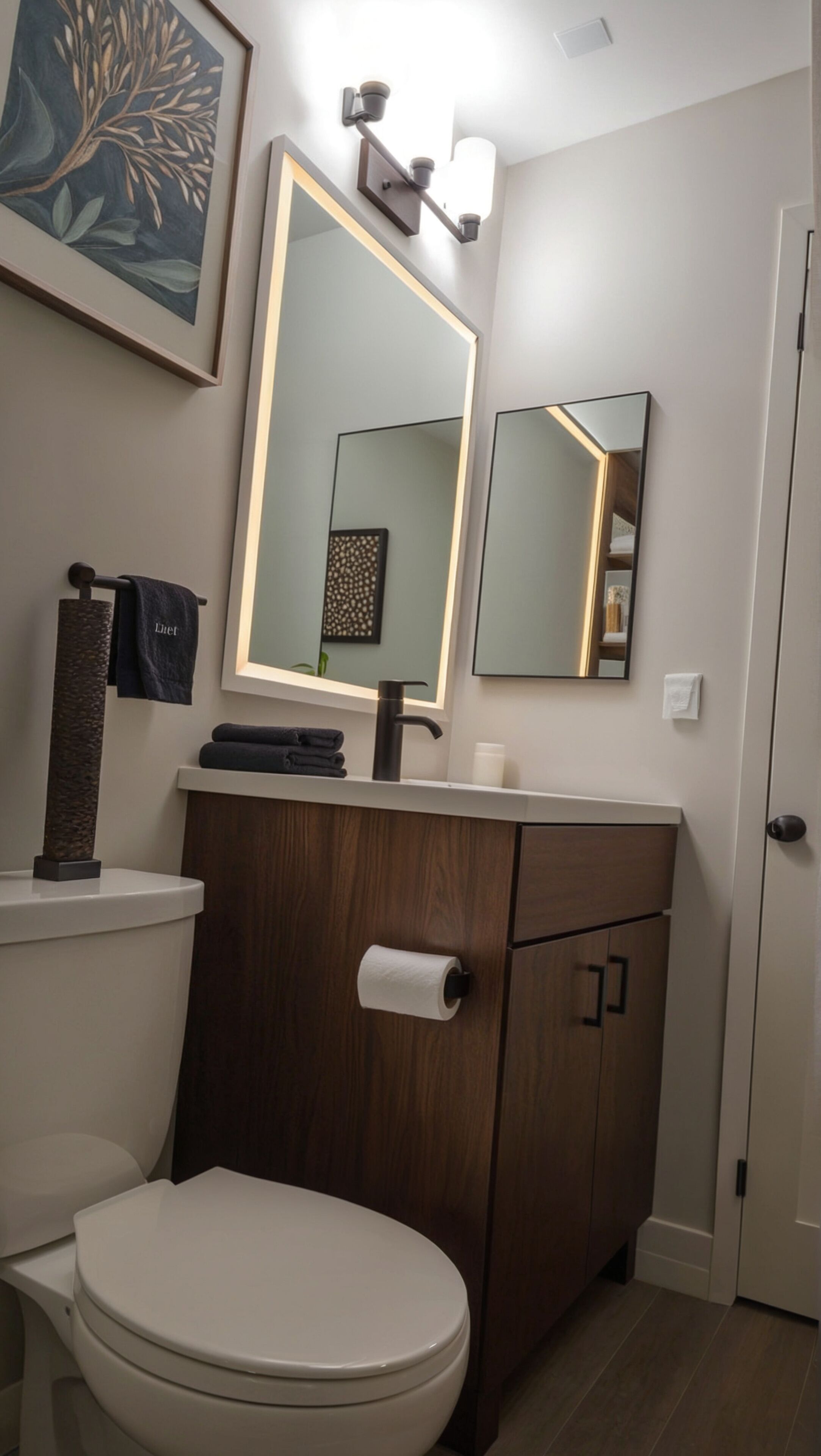Une salle de bain moderne équipée de toilettes, d’un meuble-lavabo et de miroirs.