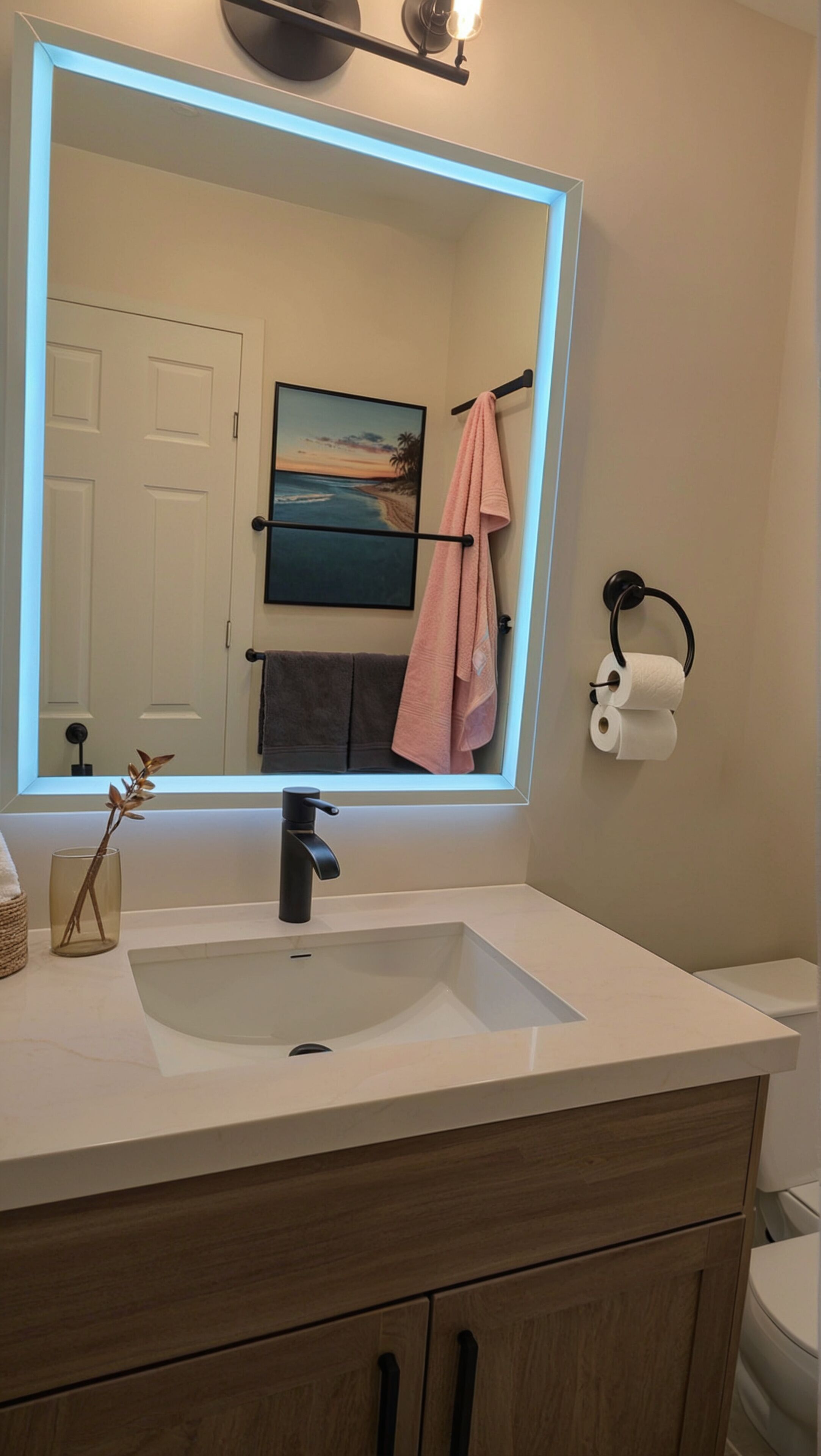 A bathroom with a white sink, a mirror with a light, a towel rack, and a toilet paper holder.