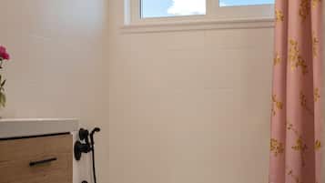 Hair dryer, towels, soap, shampoo