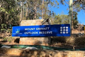 Un panneau indiquant le point de vue de Mount Gravatt et présentant des symboles pour signaler les zones de stationnement, les aires de pique-nique et les aménagements facilitant l’accès aux personnes à mobilité réduite.