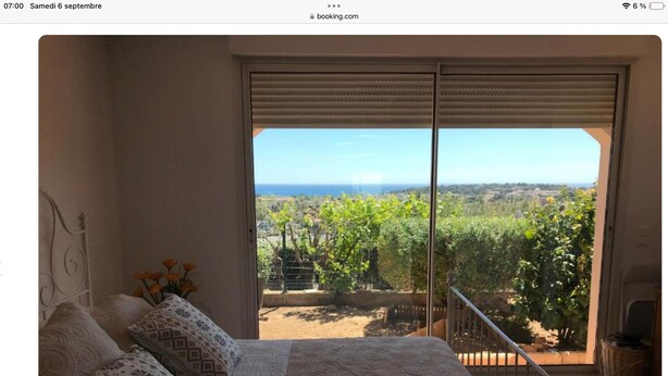 A bedroom with a bed, patterned pillows, a view of a vineyard, and a balcony with a railing.