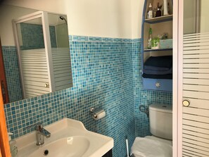 Shower, free toiletries, hair dryer, towels