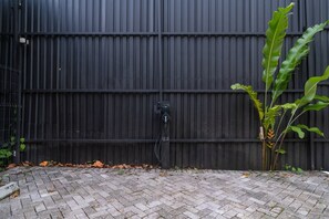 A brick-paved area with a black metal fence and a plant with broad leaves.