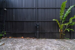 A brick-paved area with a black metal fence and a plant with broad leaves.