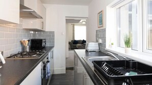 Une cuisine moderne équipée d’une cuisinière à gaz, d’un grille-pain et d’un évier. Une fenêtre laisse entrer la lumière, et une plante est posée sur le rebord.