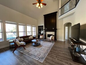 TV, fireplace, offices, computer monitors