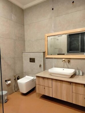 Shower, hair dryer, towels, soap