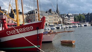 A harbor with a red and white boat docked, surrounded by other boats and buildings.